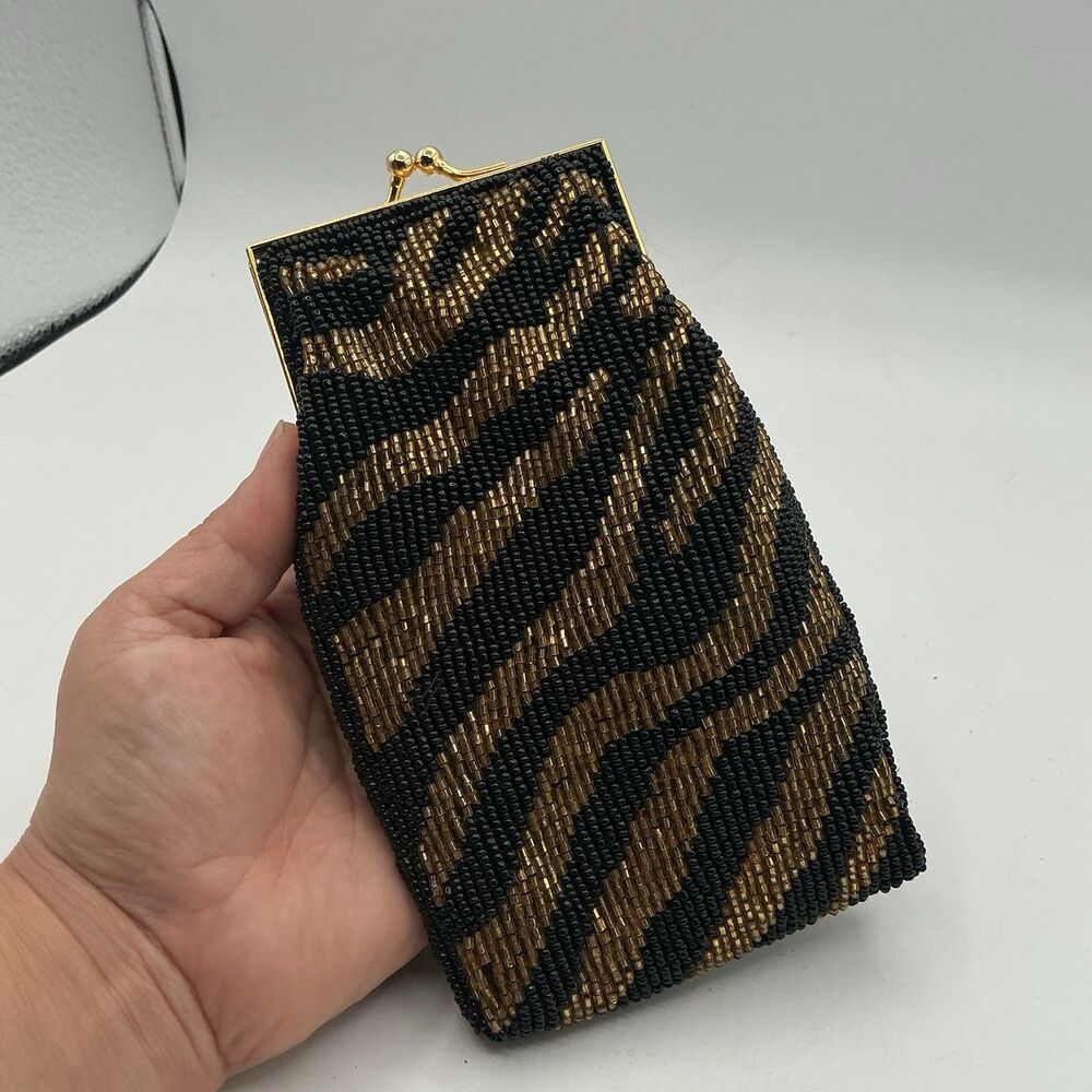 Vintage Beaded Coin Purse Zebra Print Black Gold Kiss Lock Clutch Wallet